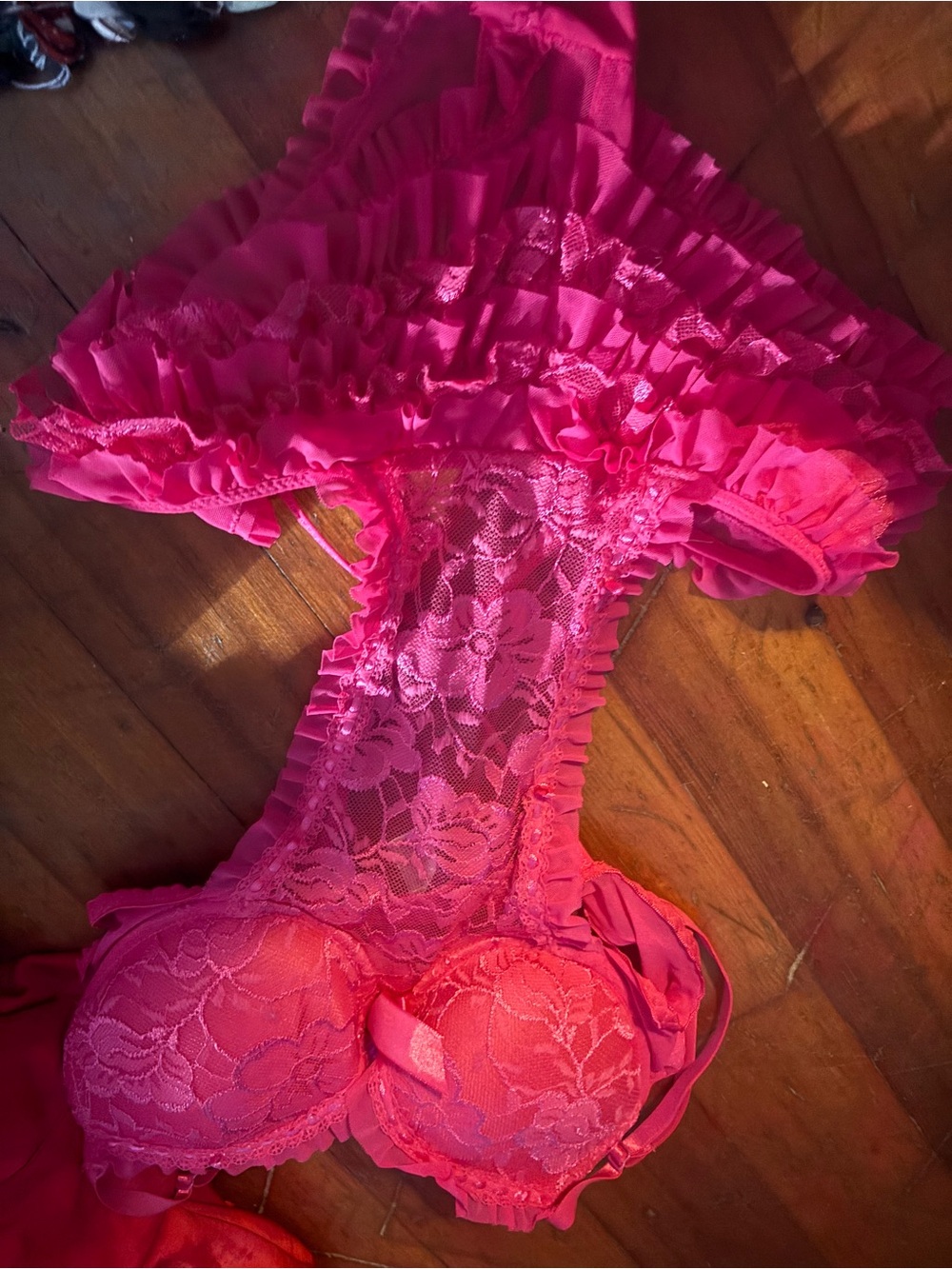 Women’s Pink Lace Ruffled Teddy Bodysuit